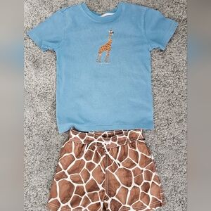 Jane AnD Jack Blue Giraffe Embroidered Tee with Giraffe Print Swim Shorts
